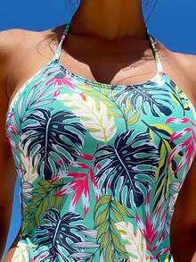 熱帶圖案吊脖連體泳衣 - 彩色 - 查看 3