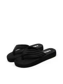 Sandalia negra de tacón de cuña resistente al desgaste de moda, casual y simple para mujeres, adecuada para vacaciones, hogar, playa, uso en interiores y exteriores
