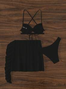 Bañador bikini liso con falda de playa - Negro - Ver 5