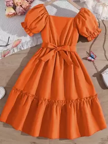 SHEIN Girls Puff Sleeve Ruffle Hem Belted Dress - Orange - View 1