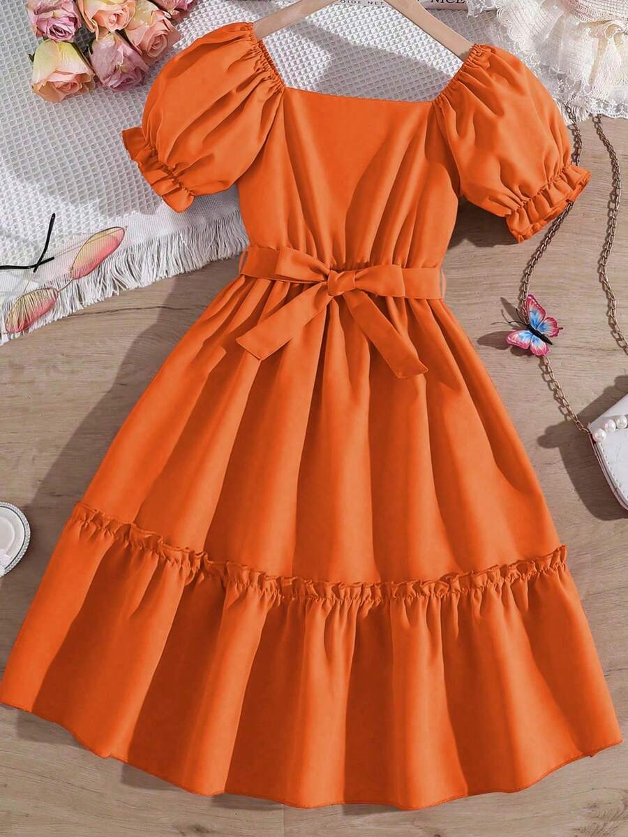 SHEIN Girls Puff Sleeve Ruffle Hem Belted Dress - Orange - View 1