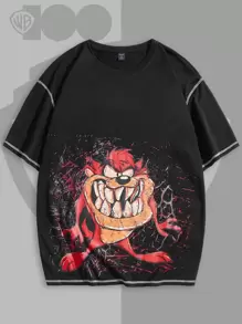 ROMWE MEN WB 100th | ROMWE Men Cartoon Graphic Stitching Trim Tee, School - Black - View 1