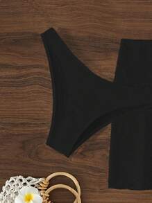 Bañador bikini liso con falda de playa - Negro - Ver 6