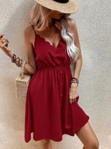 SHEIN Clasi 貝殼邊前紐扣吊帶連衣裙 - 酒紅色 - 查看 4