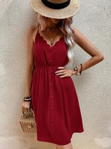 SHEIN Clasi 貝殼邊前紐扣吊帶連衣裙 - 酒紅色 - 查看 6