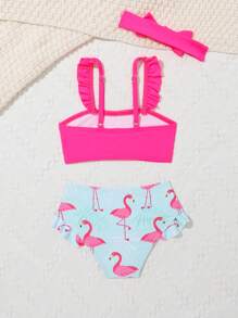 SHEIN Baby Girl Flamingo Print Ruffle Trim Beachwear With Accessory Headband Summer Beach