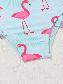 SHEIN Baby Girl Flamingo Print Ruffle Trim Beachwear With Accessory Headband Summer Beach