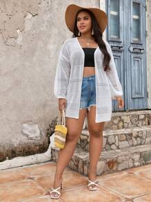 SHEIN Holidaya Plus Size Pointelle Knit Drop Shoulder Cardigan - White - View 3