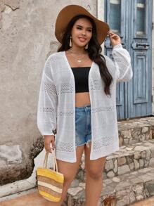 SHEIN Holidaya Plus Size Pointelle Knit Drop Shoulder Cardigan - White - View 4