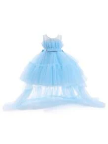 Váy xòe bồng bềnh bằng vải tuyn đính nơ thanh lịch cho bé gái, thích hợp cho tiệc sinh nhật, tiệc tối, không bao gồm băng đô - Màu xanh nhạt - Xem 4