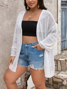 SHEIN Holidaya Plus Size Pointelle Knit Drop Shoulder Cardigan - White - View 6