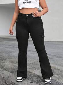 SHEIN EZwear 大碼側翻蓋口袋牛仔喇叭褲 - 黑色 - 查看 5