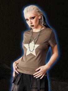 ROMWE Grunge Punk Áo thun nữ Thêu Hình học Giải trí - Màu nâu Sô-cô-la - Xem 1