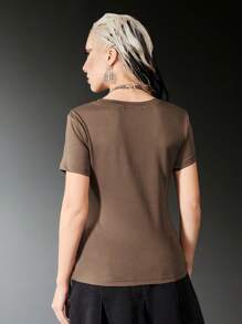 ROMWE Grunge Punk Áo thun nữ Thêu Hình học Giải trí - Màu nâu Sô-cô-la - Xem 2