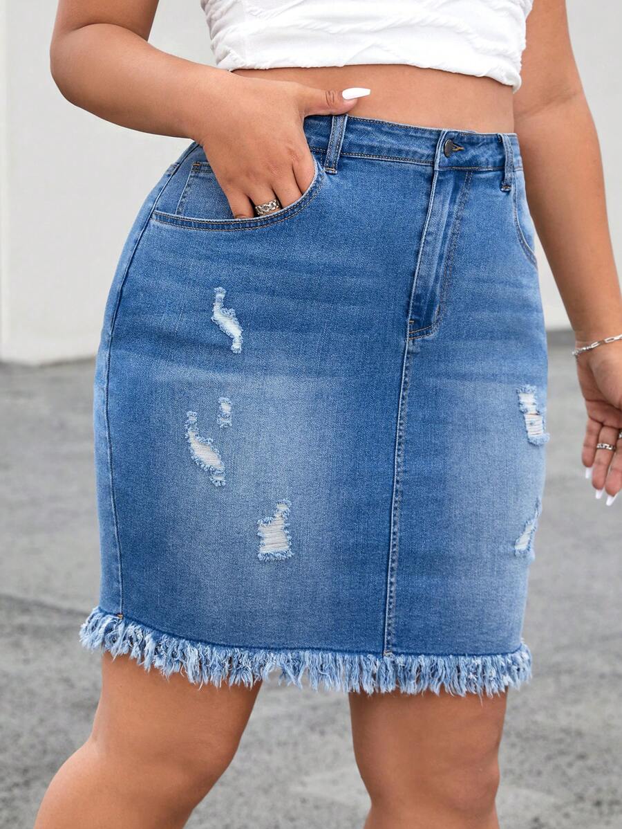 SHEIN EZwear Falda en mezclilla desgarro ribete sin dobladillo bajo con fleco - Azul lavado medio - Ver 1
