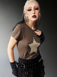 ROMWE Grunge Punk Áo thun nữ Thêu Hình học Giải trí - Màu nâu Sô-cô-la - Xem 4