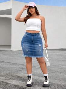 SHEIN EZwear Falda en mezclilla desgarro ribete sin dobladillo bajo con fleco - Azul lavado medio - Ver 5