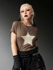 ROMWE Grunge Punk Áo thun nữ Thêu Hình học Giải trí - Màu nâu Sô-cô-la - Xem 5