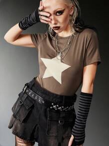 ROMWE Grunge Punk Áo thun nữ Thêu Hình học Giải trí - Màu nâu Sô-cô-la - Xem 6