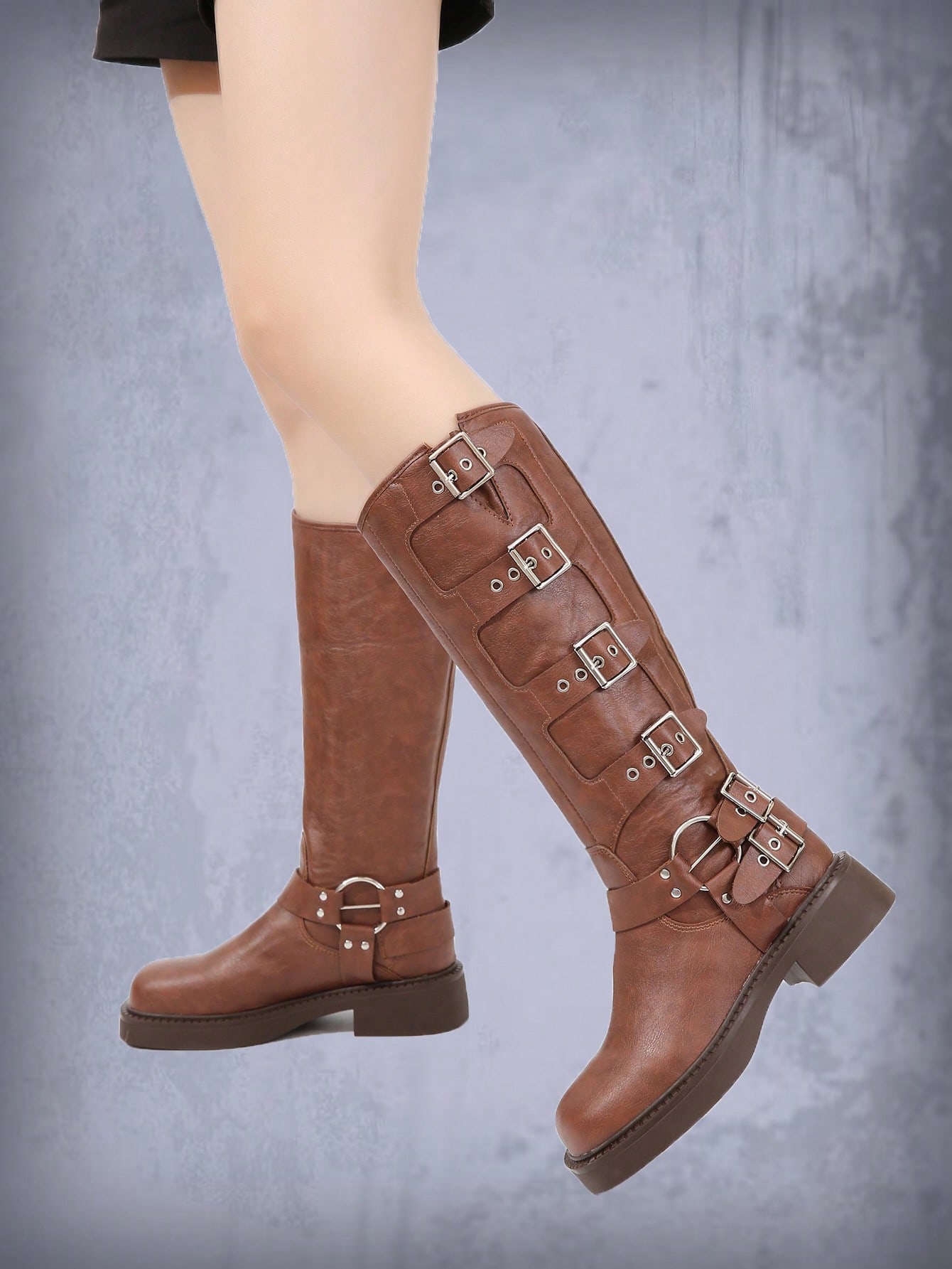 Our Women Buckle Decor Side Zip Fashion Boots, Fashion Brown