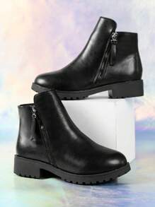 女士側拉鍊戰鬥靴時尚黑色及踝靴
