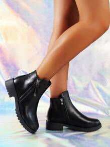 女士側拉鍊戰鬥靴時尚黑色及踝靴