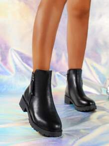 女士側拉鍊戰鬥靴時尚黑色及踝靴