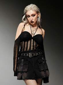 ROMWE Grunge Punk 薄透繞頸針織短上衣 - 黑色 - 查看 4