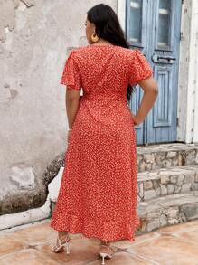 SHEIN VCAY Vestido cruzado con estampado floral con nudo lateral ribete con fruncido - Rojo - Ver 2
