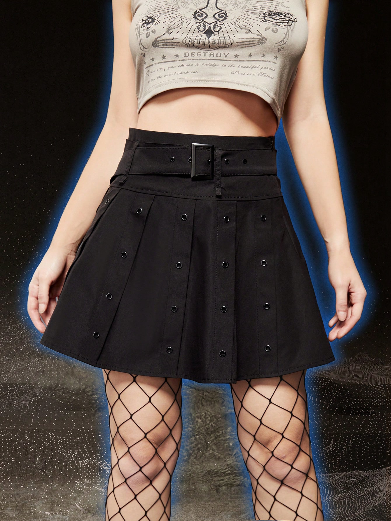 Our Grunge Punk Solid Grommet Eyelet Belted Pleated Skirt is such