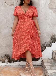 SHEIN VCAY Vestido cruzado con estampado floral con nudo lateral ribete con fruncido - Rojo - Ver 4