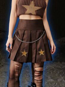 ROMWE Grunge Punk Star Embroidery Chain Decor Pleated Skirt - Coffee Brown - View 1