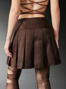 ROMWE Grunge Punk Star Embroidery Chain Decor Pleated Skirt - Coffee Brown - View 2