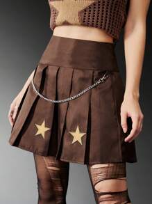ROMWE Grunge Punk Star Embroidery Chain Decor Pleated Skirt - Coffee Brown - View 3