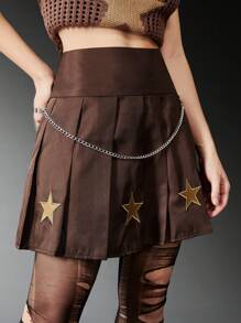 ROMWE Grunge Punk Star Embroidery Chain Decor Pleated Skirt - Coffee Brown - View 4