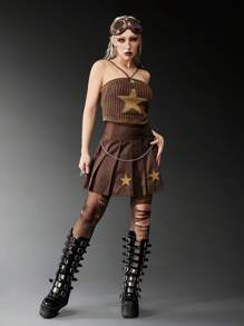 ROMWE Grunge Punk Star Embroidery Chain Decor Pleated Skirt - Coffee Brown - View 5