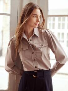 MOTF PREMIUM 羊毛混紡泡泡袖上衣 - 卡其色 - 查看 3