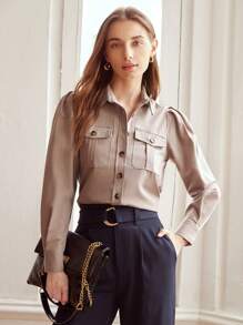 MOTF PREMIUM 羊毛混紡泡泡袖上衣 - 卡其色 - 查看 6