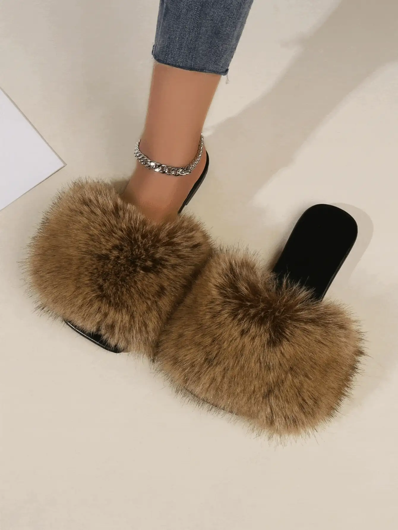 女士時尚舒適休閒露趾方頭棕色平底防滑涼鞋 - 黑色 - 查看 2