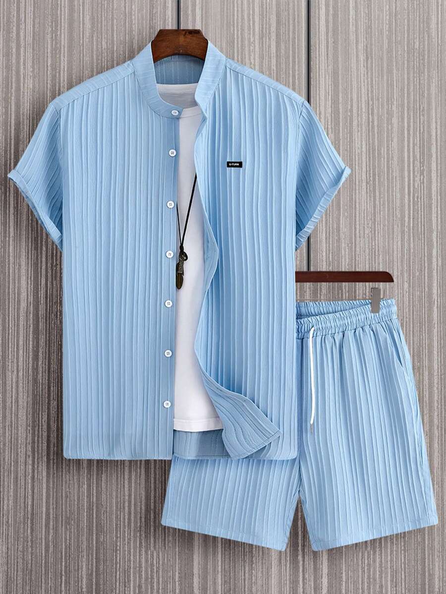 Manfinity Homme Men Letter Patched Shirt & Drawstring Waist Shorts Without Tee - Blue - View 1