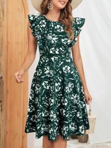 Vestido con estampado floral ribete con fruncido - Verde Oscuro - Ver 1