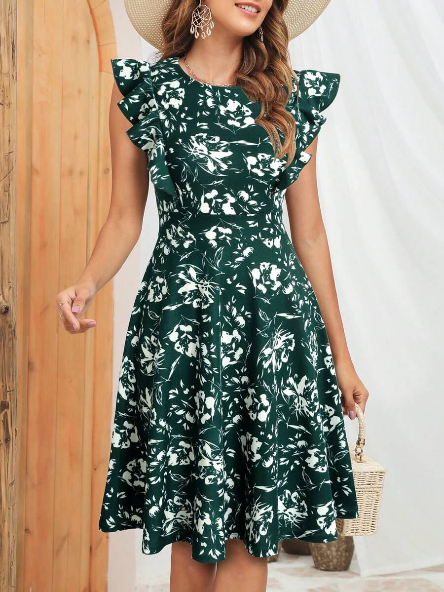 Vestido con estampado floral ribete con fruncido - Verde Oscuro - Ver 1