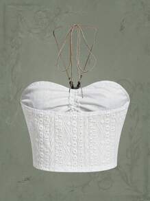 ROMWE Fairycore 褶邊網眼刺繡掛脖上衣 - 白色 - 查看 4