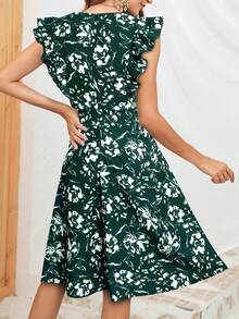 Vestido con estampado floral ribete con fruncido - Verde Oscuro - Ver 2