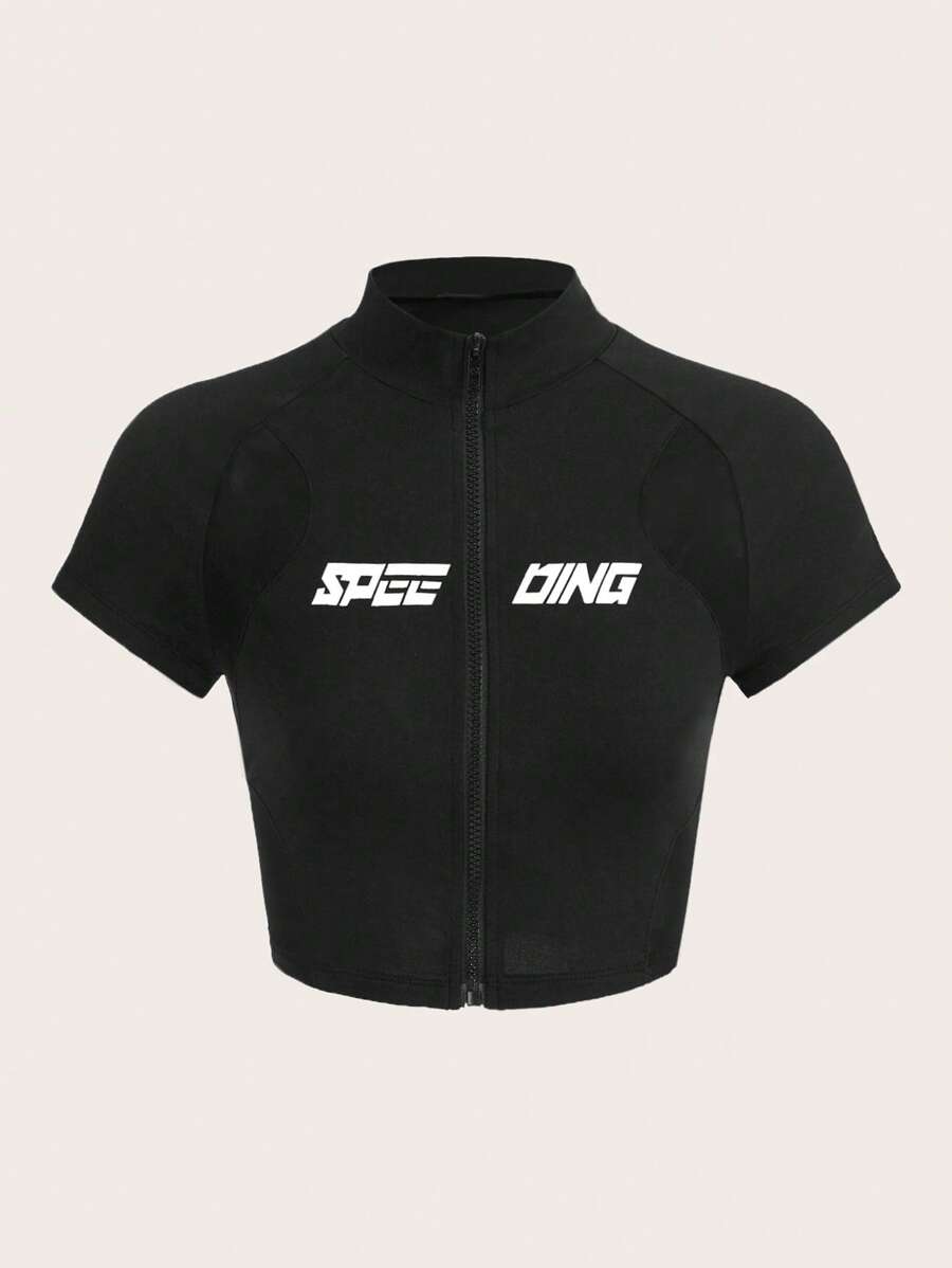 SHEIN EZwear 字母圖案網紗拼接拉鏈開襟短款T恤