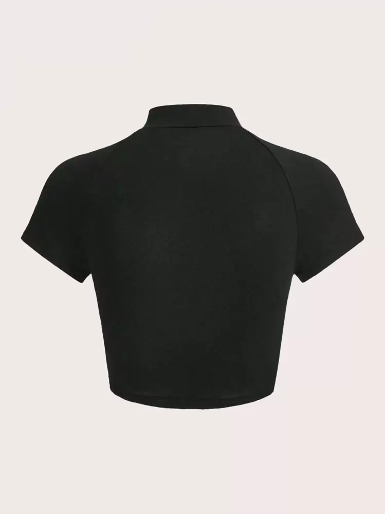 SHEIN EZwear เสื้อยืด ครอป กราฟฟิค ตัวอักษร ประกบตาข่าย ปิดซิป - สีดำ - ดู 2
