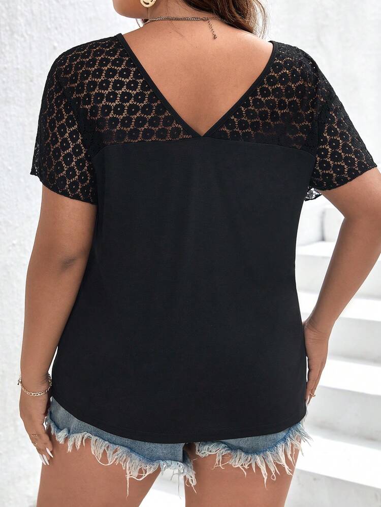 SHEIN Frenchy Top de manga raglán con encaje de contraste en talla grande, para el verano - Negro - Añade 3