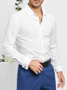 Manfinity VCAY 男士休闲纯色前扣衬衫 - 白色 - 查看 1