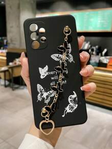 Compatible With IPhone 16 Cell Phone Lanyards Black Tpu Anti-Fall Phone Case With Electroplated Butterfly Pattern & A Black Butterfly Bracelet Waterproof Shockproof Scratch Resistant