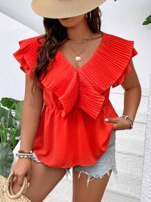 SHEIN Clasi 大碼荷葉邊百褶細節荷葉邊下擺襯衫 - 橘色 - 查看 1